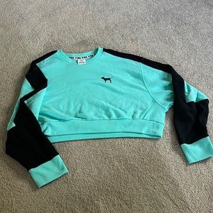 Victoria's Secret PINK MED Crop Boyfriend Crew Seafoam Glow Teal top Sweatshirt